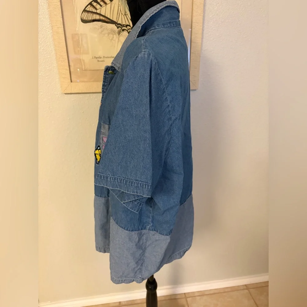 Vintage Women's Denim Patchwork Button Down Shirt Size 3X